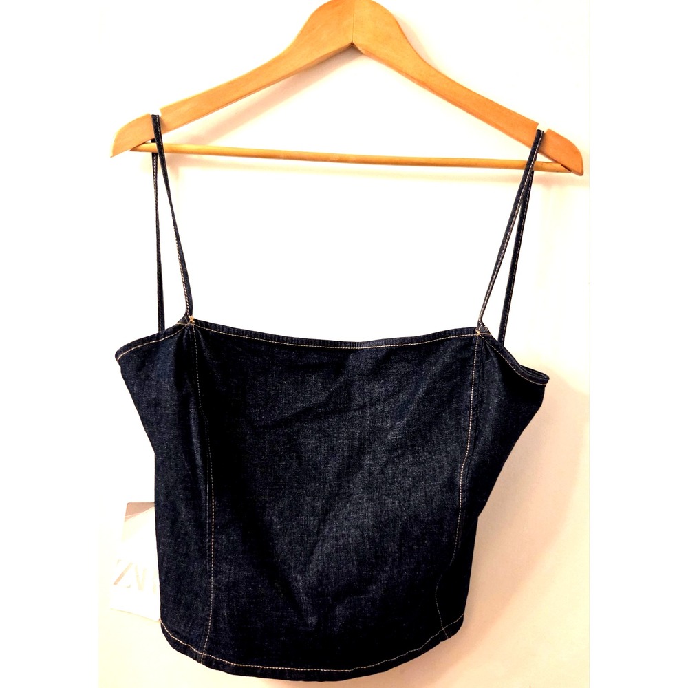 Zara Denim XXL Cami Crop NWT Wash Blue Open Back Narrow Spaghetti Straps Crossed